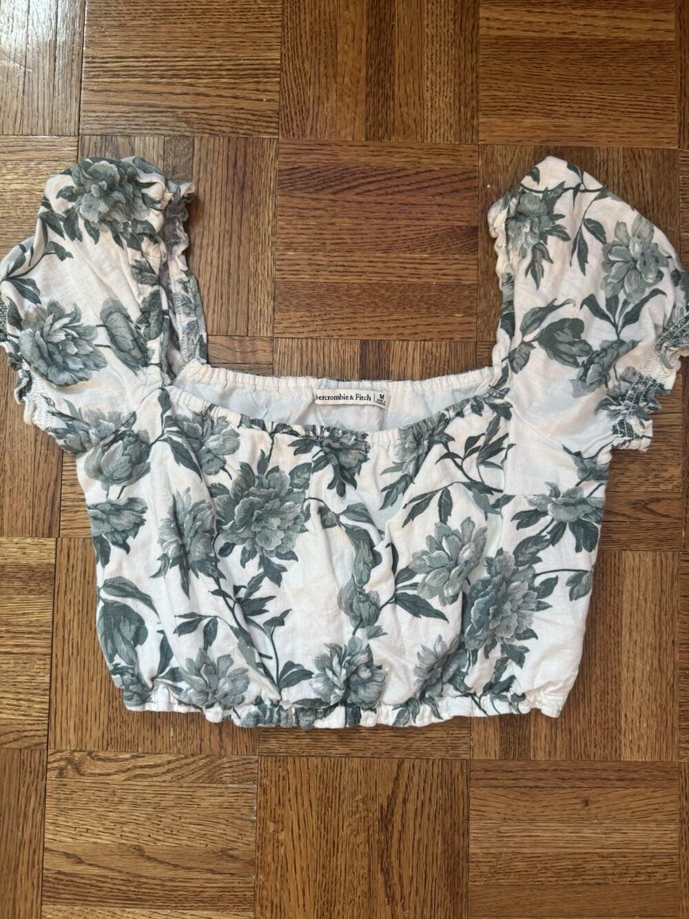 Abercrombie & Fitch Women's Crop Top Green White Floral Puff Sleeve Linen Medium